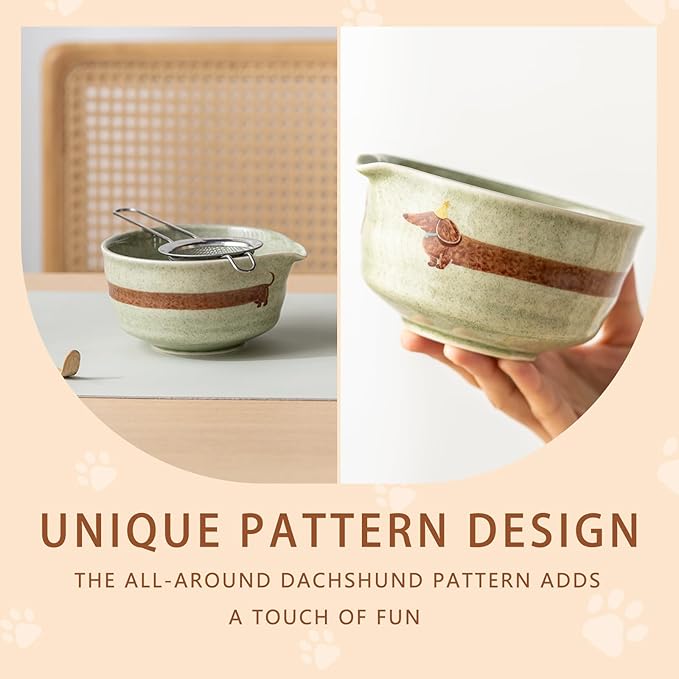 Matcha Set with Dog Pattern, Japanese Matcha Whisk Set Includes Matcha Bowl with Spout, Whisk Holder, Bamboo Whisk and Scoop, Matcha Sifter, 17 oz Ceramic Matcha Kit for Tea Lovers (Mottled Green)