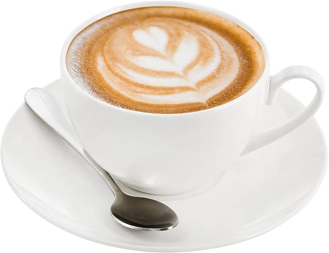 Foraineam Espresso Cups with Saucers and Spoons, 6 oz White Tea Cup Set, Porcelain Coffee Cup and Saucer Set with Stainless Steel Spoon for Specialty Coffee Drinks, Latte, Cafe Mocha and Tea, Set of 6