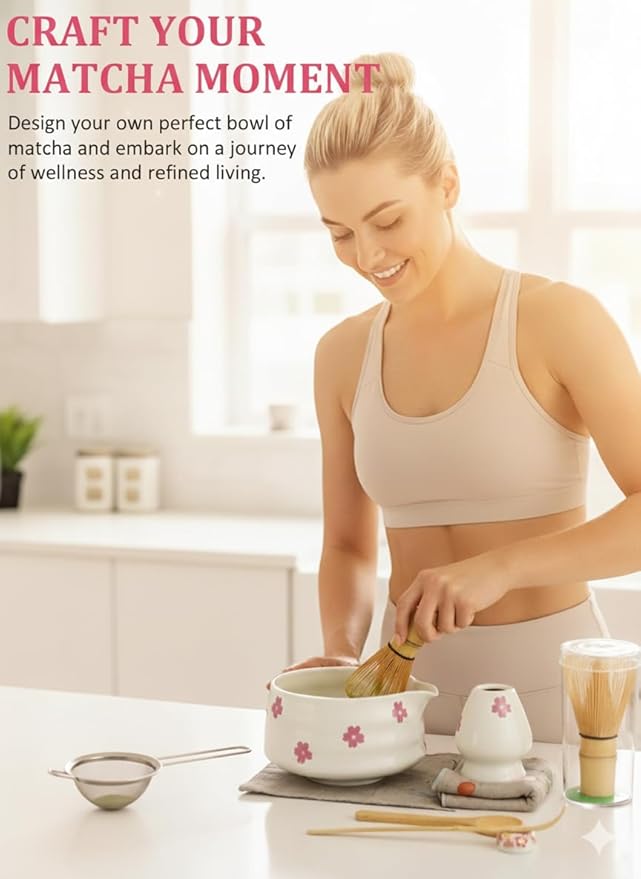 8Pcs Cute Ceramic Matcha Set with Whisk Bowl, Matcha Tea Kit Holder, Bamboo Scoop, Sifter, Towel Included, Valentine's Mother's Day Gift for Matcha Lover Women (White Sakura)
