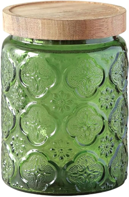Glass Jar with Lid, Vintage Glass Storage Jars with Airtight Lid Coffee Canister Sugar Container for Kitchen Counter Pantry, Spice, Candy, Coffee Beans, Tea, Cookie (24 FL OZ Green Begonia)