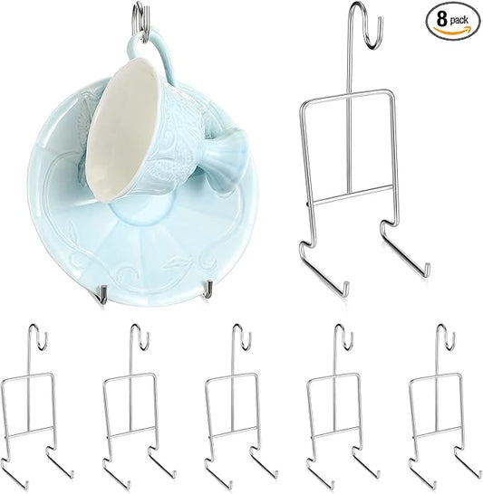 8 Pieces Tea Cup and Saucer Display Stand Holder Metal Cup Saucer Holder Pack Tea Coffee Mug Organizer for Kitchen Plate 6.22 x 2.44 Inches(Silver)
