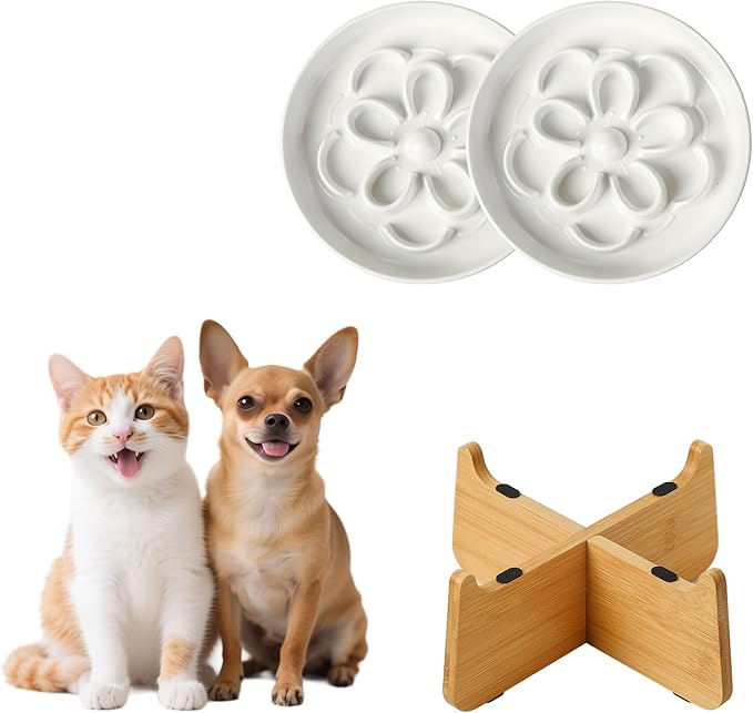 Slow Feeder Cat Bowl Combo - Melamine Maze Dish in 2 Styles (Single Bowl & with Bamboo Stand) - Whisker Friendly, Elevated & Shallow Design - White