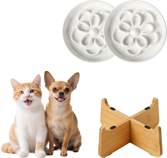 Slow Feeder Cat Bowl Combo - Melamine Maze Dish in 2 Styles (Single Bowl & with Bamboo Stand) - Whisker Friendly, Elevated & Shallow Design - White