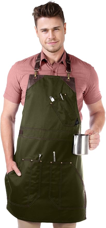 Under NY Sky Barista Apron - Brown Leather Straps and Reinforcement - Riveted Pockets - Double Stiched - Leather Ring Loop - Professional Green Twill - Double as Half Bistro Apron - Chefs, Bartender
