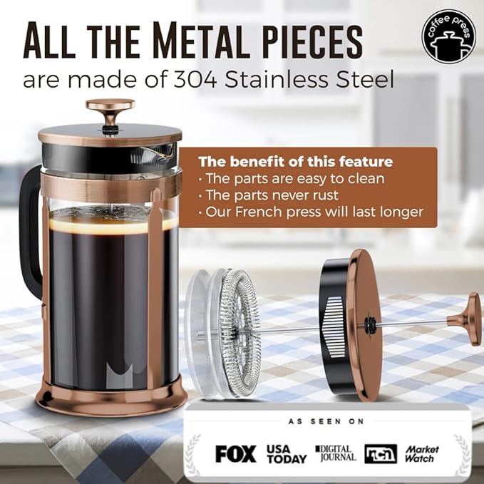 EzDtach Glass French Press Coffee Maker 34oz Copper – Double Filter Borosilicate Glass Pot with 304 Stainless Steel Coffee Press and 2 Extra Screen, Easy to Use and Clean Design for Full-Bodied Flavor