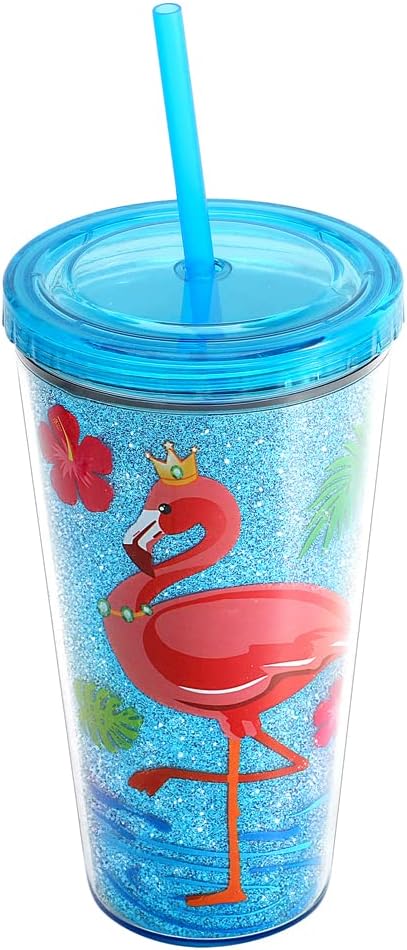 Cute Glitter Tumbler Cups with Lid and Straw, Double Wall Insulated Acrylic Cup, 22 oz / 650ml (Flamingo)