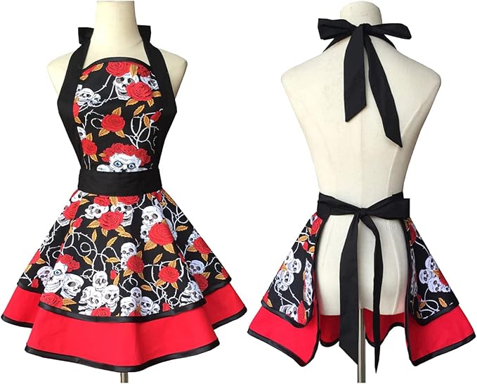Hyzrz Halloween Costume Skull Skeleton Bones Featured Retro Aprons for Women Girls Cake Kitchen Cook Apron (Skull head) - Image 2