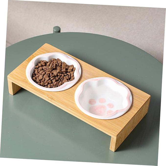 Milisten Elevated Cat Bowl Whisker-Friendly Bamboo Stand Ceramic Pet Feeding Bowl for Kitten Vomiting Relief