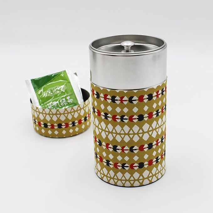 Japanese Pokkan Matcha Coffee Spice Tea Tin Canister Washi Paper Storage with Lid 7.05 oz Capacity (Hishi Tsunagi)