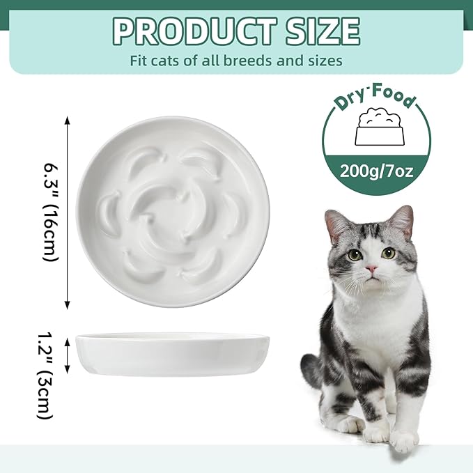 Elevated Slow Feeder Cat Bowls - 2 Ceramic Dishes with 1 Bamboo Stand - Whisker Friendly Shallow Maze Plates for Slower Eating - White & Blue