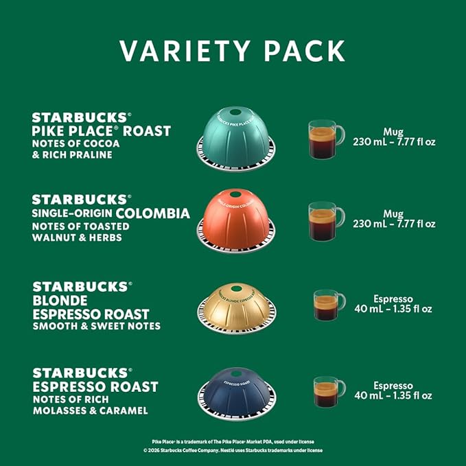 Starbucks by Nespresso Vertuo, Favorite Variety Pack Coffee & Espresso, 40-count Coffee and Espresso Pods, Brews 7.8 oz and 1.35 oz.