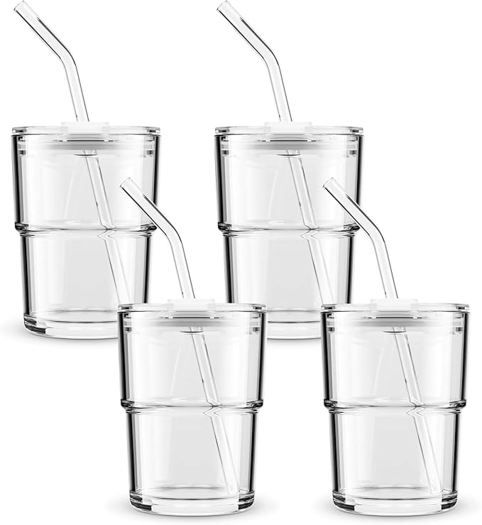 13 oz Tumbler Water Glass, Water Bottle with Straw and Dustproof Lid, Coffee Ice Cup Double Wall Insulated Glass Cup (White-4pack)