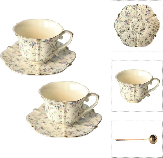 Vintage Floral Porcelain Tea Cup and Saucer Set with Spoon, Gold Trim, 6.4 oz – Set of 2, Beige – Tea & Espresso & Coffee Cups (2, Beige)