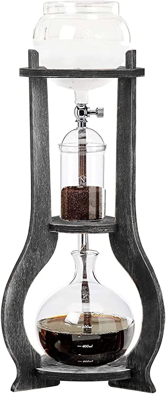 Iced Coffee Cold Brew Drip Tower, 600Ml Glass Cold Brew Coffee Makers 6-8 Cups Cold Extracted Coffee 2drops/S Brewing 3 to 5 Hours with Removable Shelf and Adjustable Drip Speed Valve (Grey)