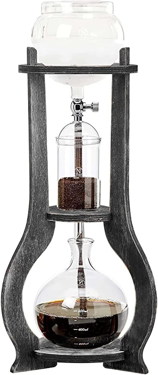 Iced Coffee Cold Brew Drip Tower, 600Ml Glass Cold Brew Coffee Makers 6-8 Cups Cold Extracted Coffee 2drops/S Brewing 3 to 5 Hours with Removable Shelf and Adjustable Drip Speed Valve (Grey)