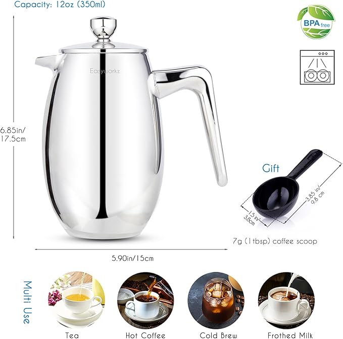 Easyworkz Nando French Press 12 oz Double Wall Insulated Thermal Coffee Maker,304 Stainless Steel Cafetiere