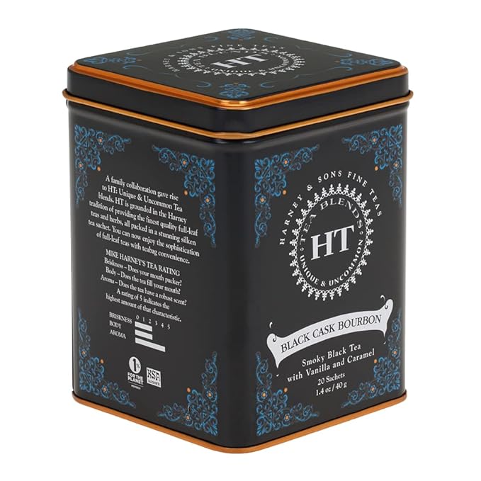Harney & Sons Black Cask Bourbon Tea, 20 Sachets of Smoky Lapsang Black Tea with Light Caramel Flavors