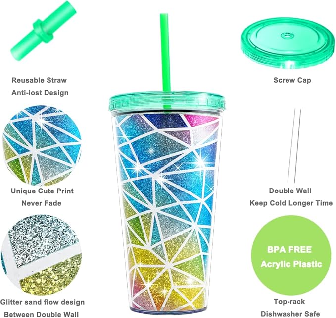 Home Tune Cute Glitter Tumbler Cups with Lid and Straw, Double Wall Insulated Acrylic Cup, 22 oz / 650ml (Colorful)