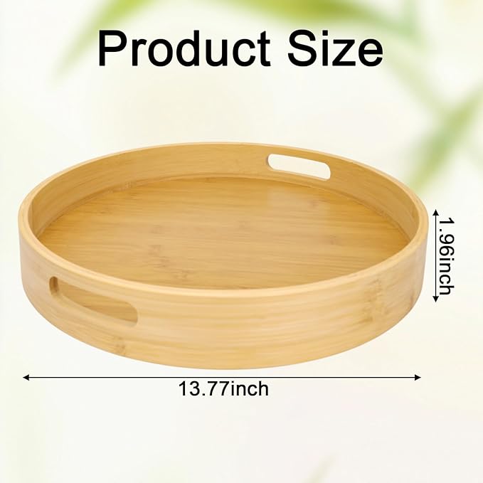 13.8 Inch Large Round Bamboo Serving Tray with Handles, Wood Round Tray for Breakfast, Drinks, Snacks on Bed Sofa and Home Dining Table (Brown)