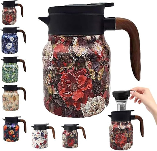 Vintage Floral Pattern Tea Pots – Built-in Infuser,Vintage Floral Teapot with Built In Infuser Stainless Steel Thermal Carafe with Lid for Hot Drinks,Red(Wooden handle,35oz)