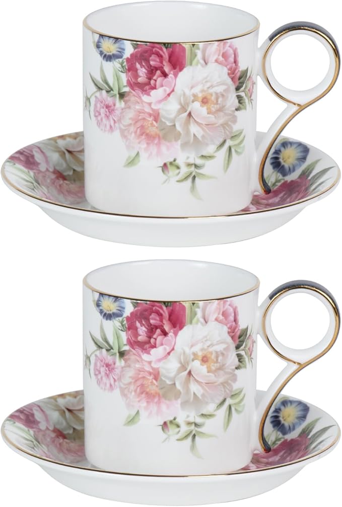 KAMMAK Tea Cups and Saucers Set of 2, Fine Bone China Coffee Cups, Stackable Espresso Mugs, Ceramic Demitasse for Coffee, Cappuccino, Latte, Americano, Tea, Gray
