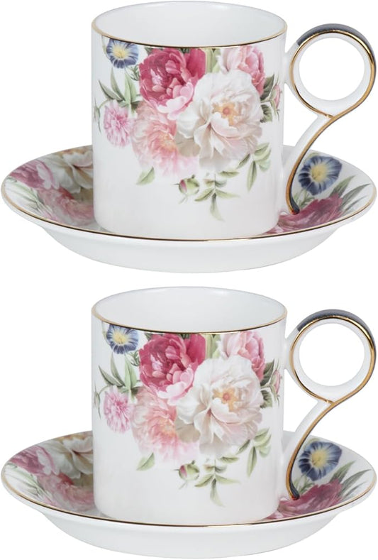 KAMMAK Tea Cups and Saucers Set of 2, Fine Bone China Coffee Cups, Stackable Espresso Mugs, Ceramic Demitasse for Coffee, Cappuccino, Latte, Americano, Tea, Gray