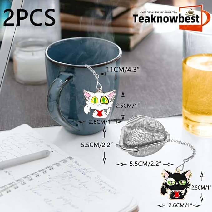 Tea infusers, loose tea strainer, Heart shaped tea ball + cute animal pendant, reusable tea steeper makes afternoon tea meaningful (2, big eyed cat)