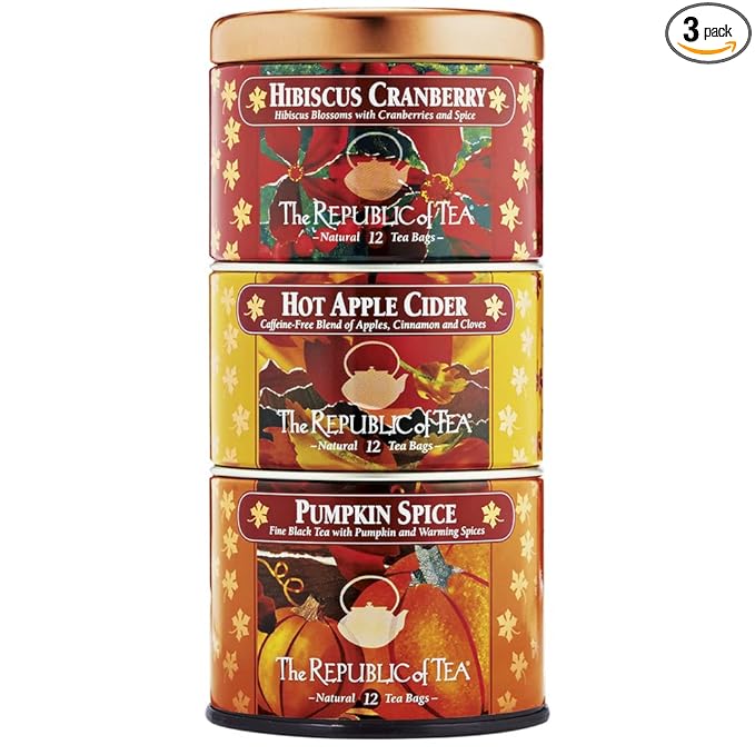 The Republic of Tea – Harvest Stackable Tea Tin, 36 Tea Bags, Hibiscus Cranberry Herb, Hot Apple Cider Herb, and Pumpkin Spice Black, Gluten Free