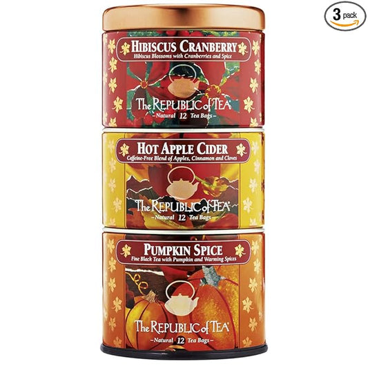 The Republic of Tea – Harvest Stackable Tea Tin, 36 Tea Bags, Hibiscus Cranberry Herb, Hot Apple Cider Herb, and Pumpkin Spice Black, Gluten Free