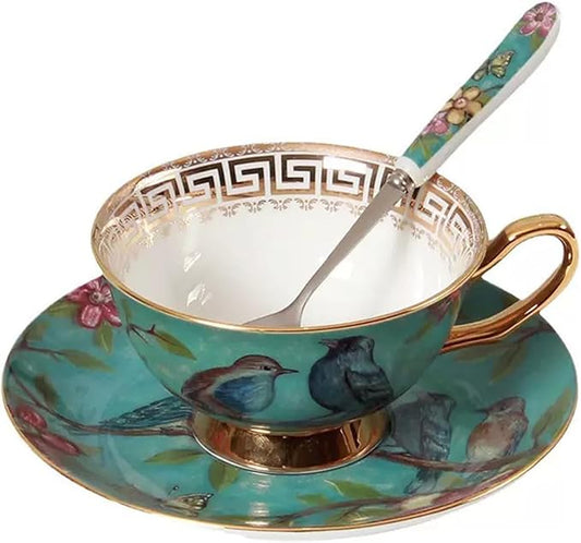 YBK Tech Euro Style Cup& Saucer Set Art Bone China Ceramic Tea Coffee Cup for Breakfast Home Kitchen- Birds and Trees Patterns (Blue)