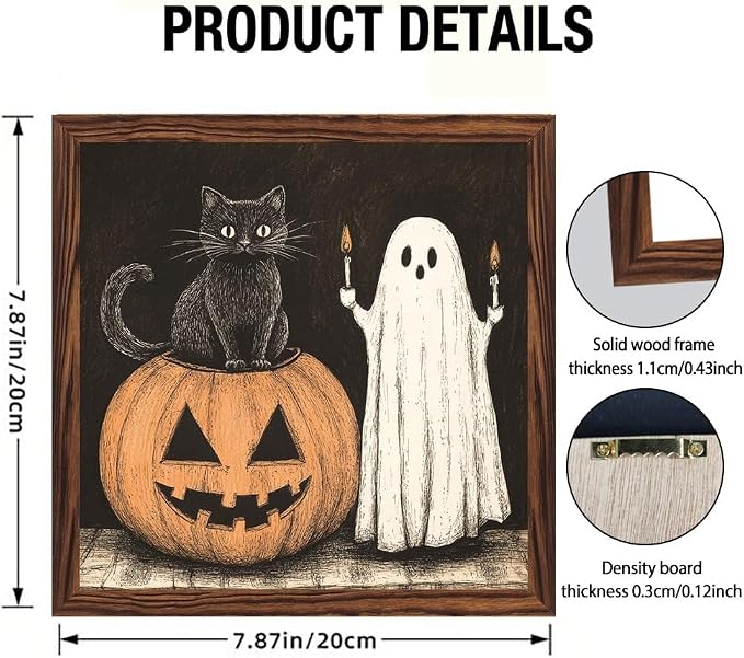 Halloween Decorative Sign Black Cat, Ghost, Pumpkin Wooden Sign, With Frame Farmhouse Festival Plaque Sign for Home Office, Cafe, Bathroom Halloween Decor 7.87x7.87 Inch - Image 4