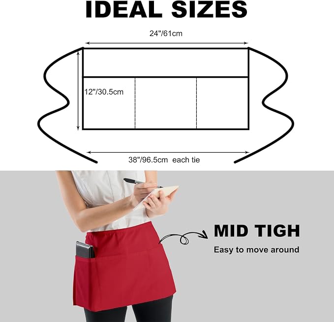 PLOYMONO 10P Red Server Apron with 3 Pockets, Short Waist Waitress Apron | Polyester Short Waiter Apron with 3 Deep Pockets, Great for Restaurant Servers, Bartenders, Hosts, Baristas - Image 4