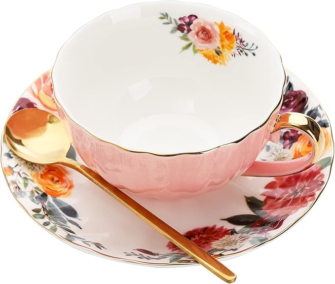Lyellfe Set of 2 Tea Cup and Saucers, 8 Oz Floral Tea Cups with Gold Trim and Spoon, Porcelain British Coffee Cups for Party Christmas Birthday Wedding Gifts