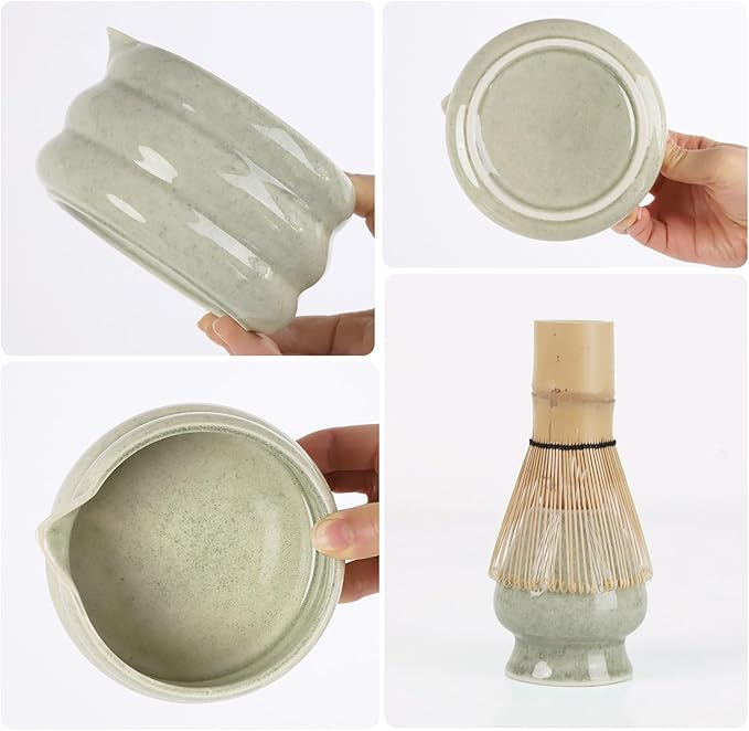 Green Matcha Whisk Set, Ceramic Matcha Kit Set Valentine Gift Present Includes Matcha Bowl, Matcha Whisk and Holder, Bamboo Scoop, Scoop Rest, Sifter and Tea Towel - 7 Pcs Kit for Matcha Lovers