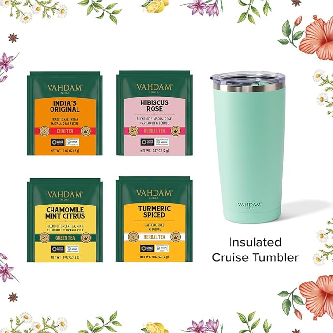 VAHDAM Assorted Tea Gift Set with Cruise Tumbler (4 Variety, 60 tea Bags) | Ecofriendly Tea Bags | Tea Gifts for Women & Men