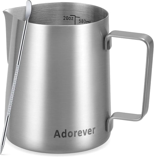 Milk Frothing Pitcher, 20oz Stainless Steel Milk Frother Cup Steaming Pitcher, Cappuccino Espresso Accessories Coffee Bar Barista Tools, Metal Steamer Cup Milk Jug with Latte Art Pen, Matte Steel