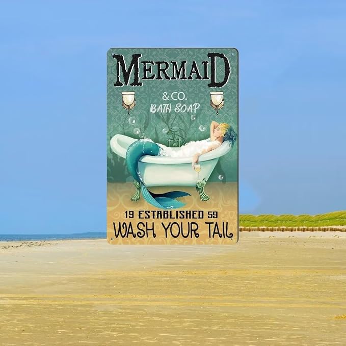 Mermaid Decor Vintage Funny Mermaid Bathroom Decor Vintage Metal Tin Sign - Wash Your Tail - Cafe Office Home Toilet Signs Room Bedroom Wall Decor 8X12Inch - Image 6
