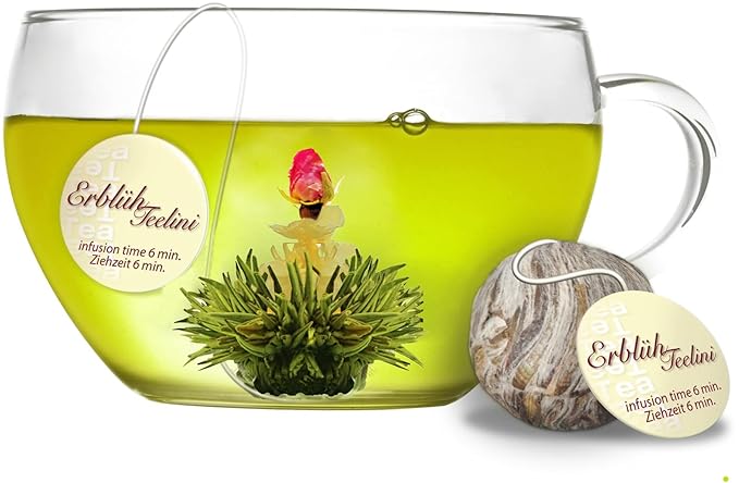Creano Bloomning Tea Gift Set with Tea-Glass 7oz and 8 Tea-Flowers in Cup Size - Green Tea - Gift for Women, Mother, Tealovers