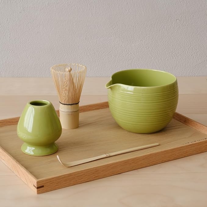 Matcha Whisk Set, Ceramic Matcha Bowl & Whisk Holder, Bamboo Accessory, Modern Design (Matte Crème, Pouring Spout) (Avocado Green)