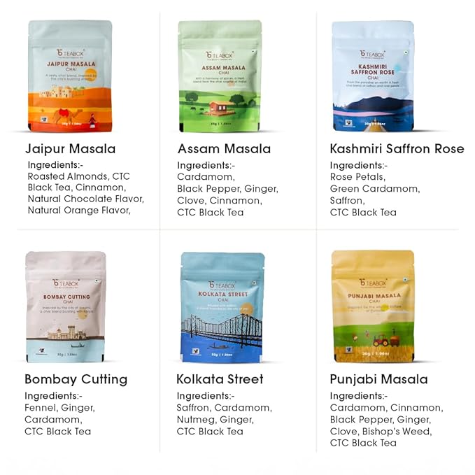 Teabox Premium Authentic Indian Spiced Chai Tea Trial Pack, 10 Exotic Varieties of Chai, 30G Each, 100% Real Ingredients. No Artificial Flavors | Crafted in Small Batches