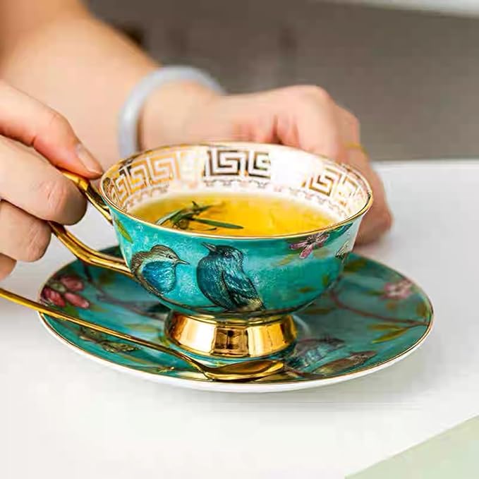YBK Tech Euro Style Cup& Saucer Set Art Bone China Ceramic Tea Coffee Cup for Breakfast Home Kitchen- Birds and Trees Patterns (Blue)