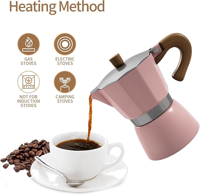 ShanSon Moka Pot Stovetop Espresso Maker 3 Cup 5 oz Italian Coffee Maker Manual Cuban Coffee Percolator Machine Italian Espresso Greca Coffee Maker for Cappuccino or Latte,Pink