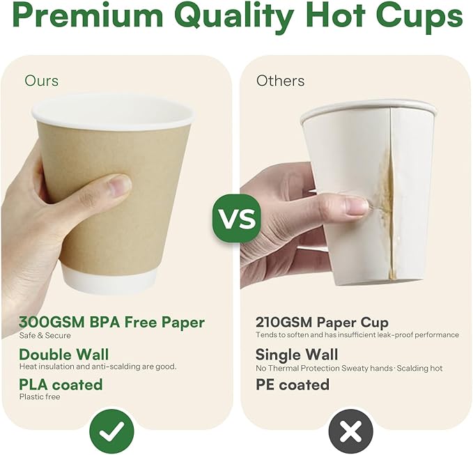 12 oz Compostable Coffee Cups 120 Pack, BPI Certified Double Wall Insulated Hot Cups, PLA Coated Natural Kraft Paper Cups for Office, Coffee Bar & Travel