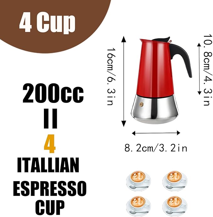 4 Cup Stovetop Espresso Maker Stainless Steel Moka Pot Stove Top Percolator Italian Coffee Makers Capable Mocha Greca Machine Cafe Classic Induction Cookers for Home and Camping 200ml 6.6oz