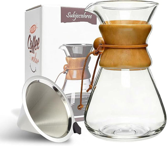 Pour Over Coffee Dripper 10 Cup Glass Coffee Maker Carafe With Stainless Filter for Home Cafes Camping Office Barista Kit (10 Cup/34 oz Curved)
