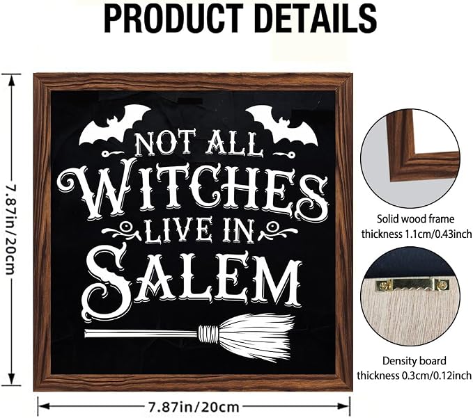 Halloween Theme Decorative Sign Not All Witches Live In Salem Wooden Sign, With Frame Witch Broom Sign for Home Kitchen, Cafe, Bedroom Halloween Decor 7.87x7.87 Inch - Image 4