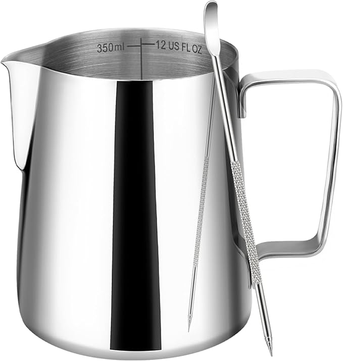 Milk Frothing Pitcher, 12oz Milk Frother Cup with Clear Scale, 304 Stainless Steel Cappuccino Espresso Machine Accessories for Barista Coffee Bar with Latte Art Pen, Silver