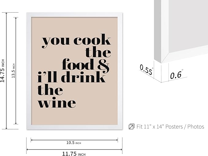 Poster Master Minimalist Poster - Funny Print - You Cook The Food, I'll Drink The Wine, Joke, Humorous, Unique - Gift for Artist, Friend - Wall Decor for Kitchen, Bar, Pub, 11x14 White Framed
