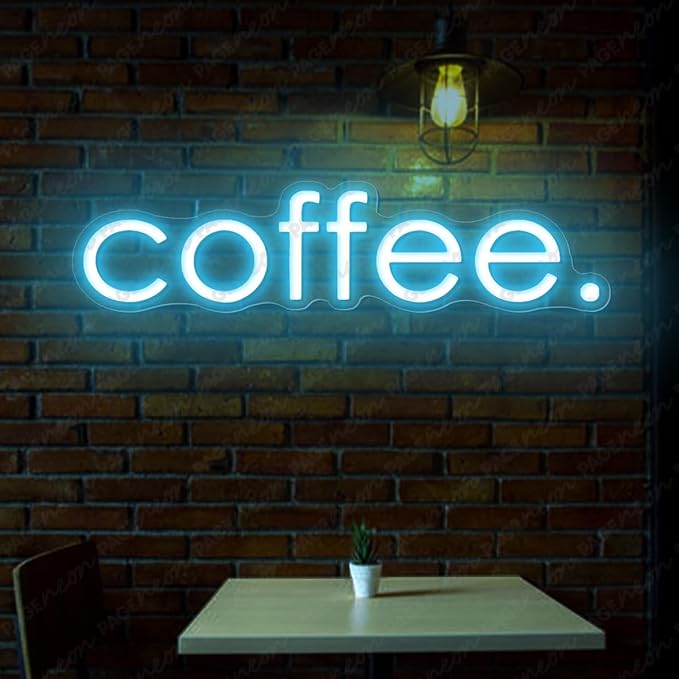 Coffee Neon Sign (24x6'', Remote and Plug included) Cafe Led Light coffee. led light coffee shop decorations wall decor (24x6" - Light Blue)