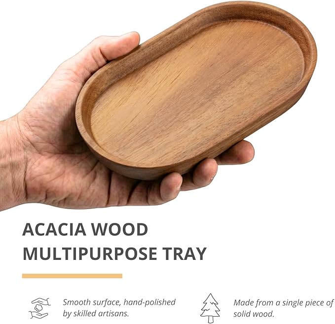 Wooden Mini Serving Tray for Parties, Tea&Coffee Table Tray, Small Oval Wood Plate for Fruit&Snacks, Decorative Tray for Jewellery Key Coin, Tray for Bathroom (Acacia Wood, 7.8”×4.66”)